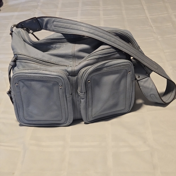 Tignanello Light Blue-Gray Genuine Leather Handbag Outer Zippered Pouch Pockets - Picture 8 of 16